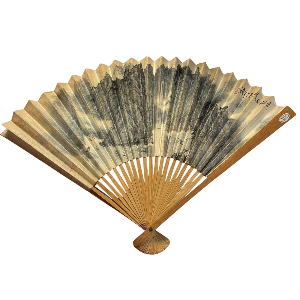 Vintage Chinese Folding Fan Bamboo Paper Ink Landscape‎ Mountain Scene